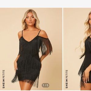 Black fringe cold shoulder flapper style dress
